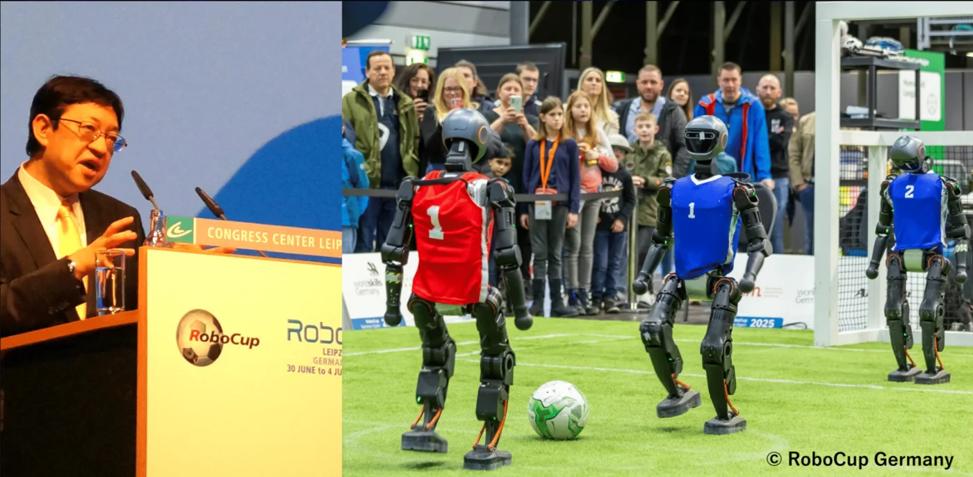 Humanoid robots playing soccer at RoboCup during an autonomous demonstration